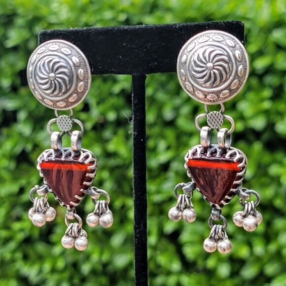 Sterling Red Handcrafted Glass Boho Artisan Drop Earrings - Picture 2 of 10